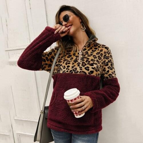 Women Winter Coat Sherpa Tops 2021 Winter Fleece Sweater Fashion Leopard Patchwork Fluffy Thick Sweaters Warm Zipper Pullovers