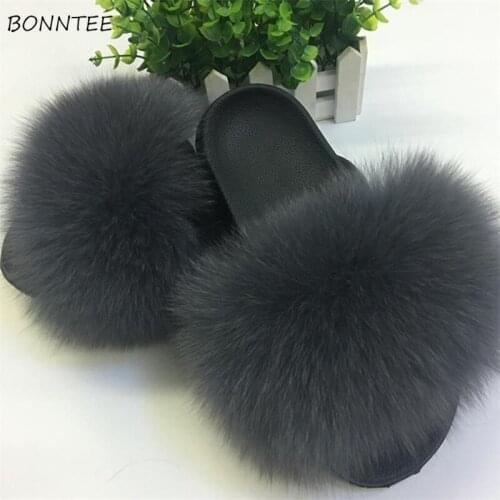 Winter Slippers Women Trendy Fur Fox Hair Home Slipper Kawaii Big Plush Non-slip Womens Shoes Plus Size Female Leisure Soft Flat
