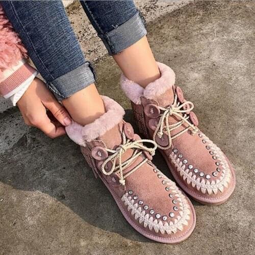 Crystal Lace Up Snow Boots Wool thickened Warm Winter Women Shoes Round Toe Tassel Cowhide Leather Top Quality Booties Ankle