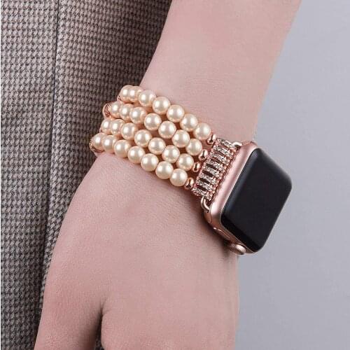 Pink Pearl Bracelet for Apple Watch Band 38mm 40mm Women Girl Elastic Watchband Replacement 42mm 44mm iWatch SE 6 5 3 Wristband
