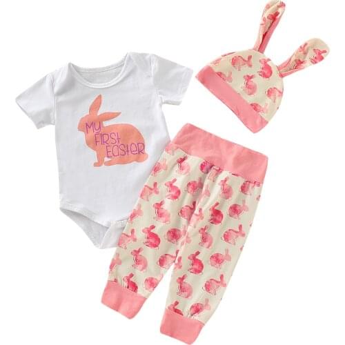 My First Easter Suit Baby Girl Boy Cartoon First Easter 3D Bunny Short Sleeve Romper Rabbit Ear Hat Pants Outfit Infant Clothing