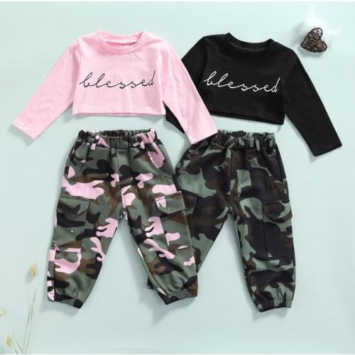 1-6Y Fashion Kid Baby Girl Clothes Set Letter Long Sleeve Crop Tops Camouflage Pants 2Pcs Outfits Girls Clothes Autumn Sets