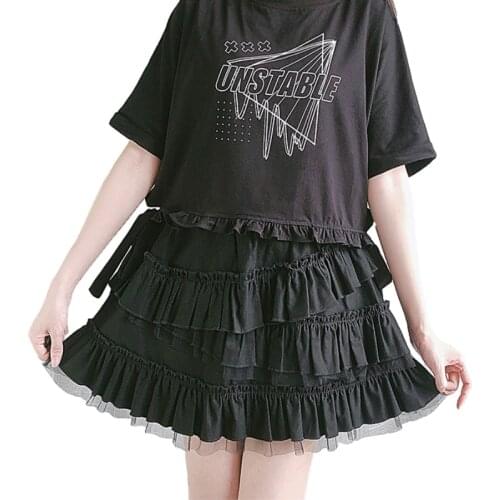 Lolita Girls Korean Mini Skirt Harajuku Black Gothic Cute Fashion Elastic Waist Punk Tulle Ruffle Mesh White Short Tiered Skirts
