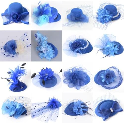 Women Party Derby Blue Handamde Feather Fascinators Pillbox Hat Hair Clip Veil Lace Bead Flower Wedding Accessory