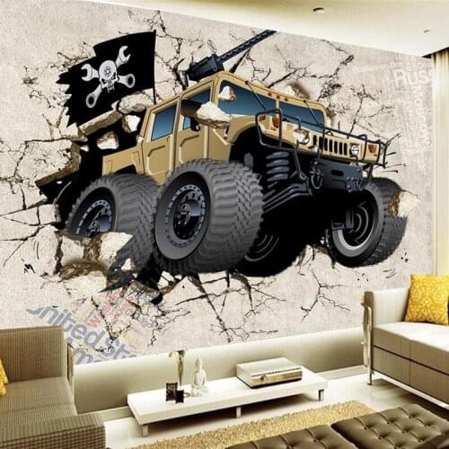 Custom Size Murals Cartoon Car Broken Wall 3D Creative Art Painting Living Room TV Backdrop Self Adhesive Wallpaper Kids Room