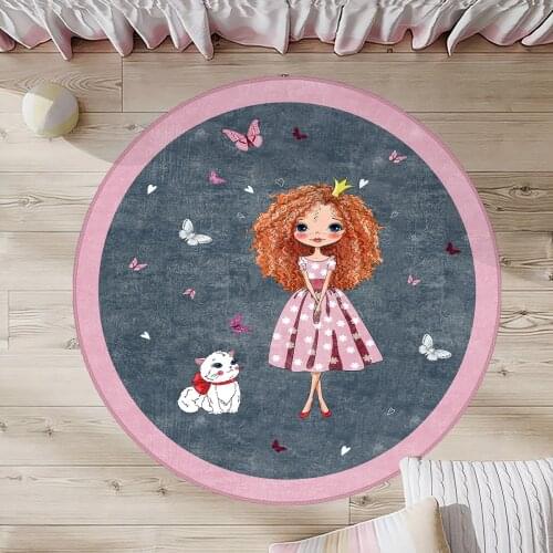 Gri Yuvarlak Çocuk Odası Halısı kız kedi kelebek pembe beyaz taç prenses