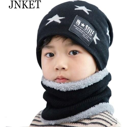 JNKET Winter Neck Warmer Knitted Hat Children Pentagram Knitted Beanies Hat Fleece Lining Skullcap Scarf Elastic Knitted Cap