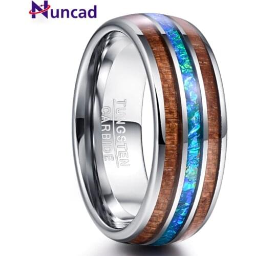 Jqueen 6mm Classic Hawaiian Koa Wood Colorful Opal Tungsten Carbide Ring Fashion Jewelry Dome Polished Mens Wedding Bands Rings