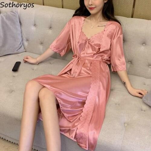 Robe Gown Sets Women Solid Half Sleeve Summer Silk Breathable Comfortable Womens Loose Sexy Sweet Sleepwear 2pcs Nightshirts New