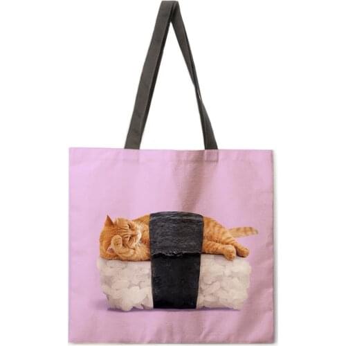 Lazy Cat Linen Shopping Bag Ladies Shoulder Bag Foldable Shopping Bag Fashion Beach Bag Handbag