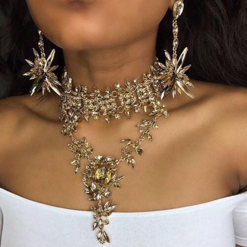 Champagne Crystal Statement Necklace&Long Drop Earrings Nigerian Bridal Party Jewelry Sets Female Bijoux Love Gift