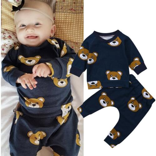 Newborn Infant Baby Boy Clothes Cotton Soft Active Bear Long Sleeve T-shirt Top Long Pant 2pcs Outfits Set for Spring Fall 0-24M