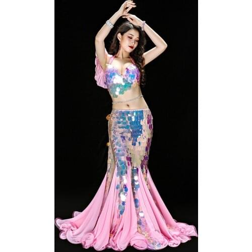 Mermaid Belly Dance Clothes Sexy Long Dress Sequins Womens Belly Dance Bra +Long Skirt High-end Competition Performance Clothes