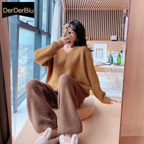 Feather yarn Sleepwear V-neck Thick Warm Womens Pyjamas Set Cute Ladies Pijamas Mujer Winter Long sleeve Homewear Free shipping