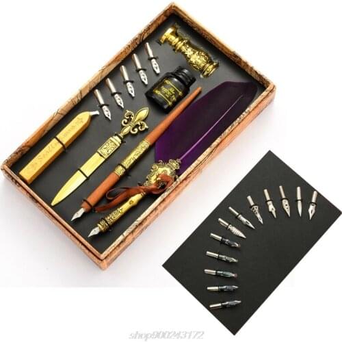Vintage Quill Feather Dip Pen Fountain Writing Ink 5 Nibs Seal Wax Gift Box Calligraphy Stationery M01 21 Dropshipping