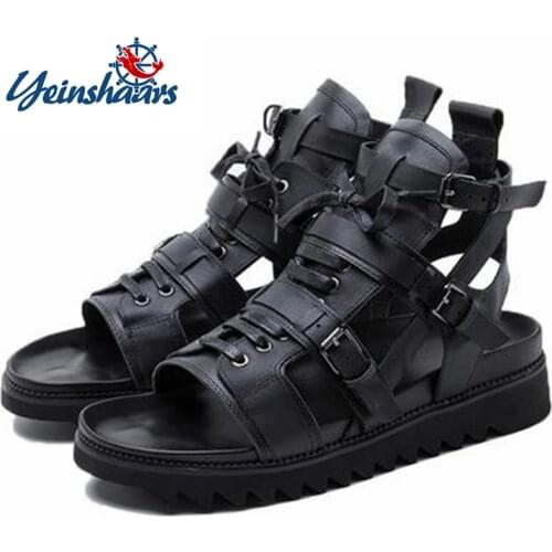 Summer Mens Sandals Genuine Leather Flats Moccasins High Top Peep Toes Cross-Tied Ankle Buckle Strap Male Casual Shoes Loafers