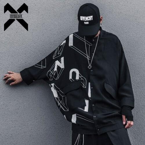 Punk Dark Letter Printed Shirts Hip Hop Streetwear Loose Bat Sleeve Shirt 2021 Autumn Tops Coat Black Techwear WB215