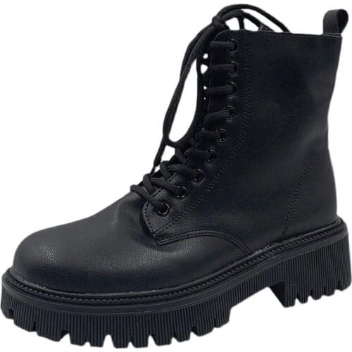 High Top Women Boots Autumn Rubber PU Leather Lace Up Chunky Ankle Short Boots Fashion Lady Thick Bottom Female Motorcycle Boots