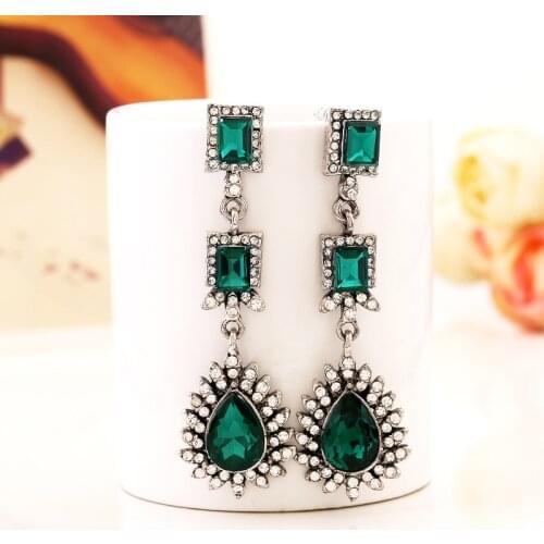 Hot Womens Exaggerated Green Long Tassel Drop Earrings for Women Antique Silver Crystal Earrings