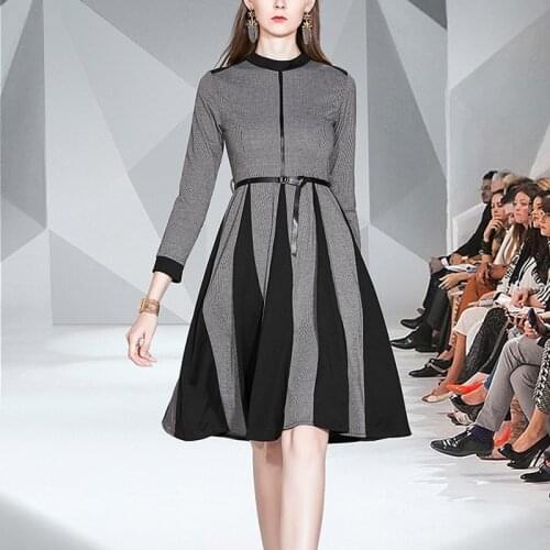 Autumn Women Ball Gown Dress Office Ladies Plaid Patchwork Long Sleeve O Neck Dress Female Casual houndstooth Dresses