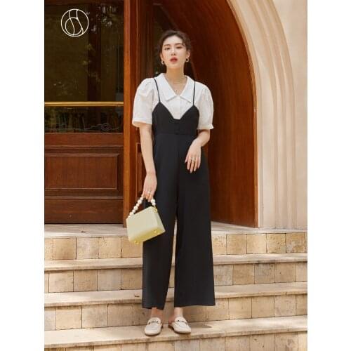 DUSHU French Black Jumpsuit Women Summer 2021 New Style Black Drape High Waist Straight Black Casual Pants