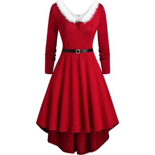 Women Christmas Swing Dress With Fur Collar Santa Costume Xmas Red V neck Long Sleeve Evening Party Clothes Winter Dresses 5XL