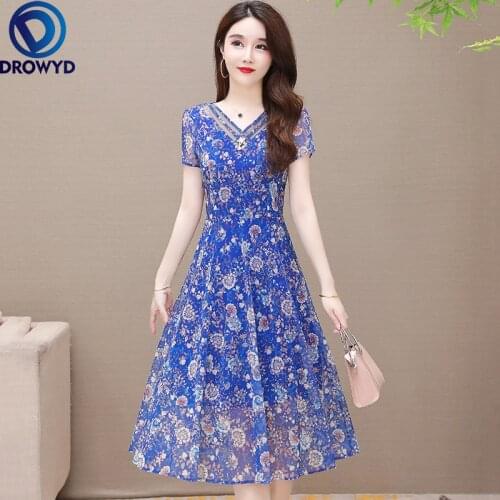 2021 Summer Chiffon Fashion Women Short Sleeve V-Neck A-Line High Waist Slim Floral Print Pink Blue Big Swing Cocktail Dresses