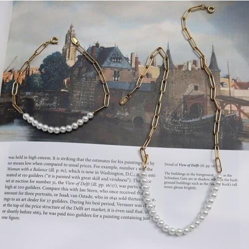 Gold Stainless Steel Chain Jewelry White Pearl Bracelets For Women Girl Birthday Gifts Summer Pearl Bracelet Beach Hand Chains