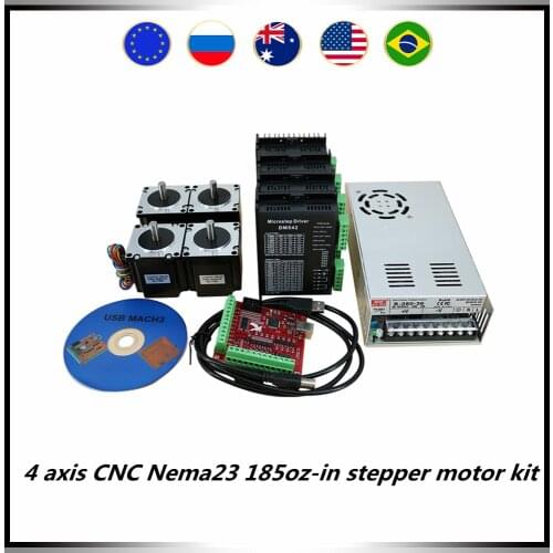 4 axis CNC Nema23 57 stepper motor kit include 4 pcs 1.2Nm 185oz motor +4 pcs drivers + 1 pcs 350w36v power supply + MACH3 card