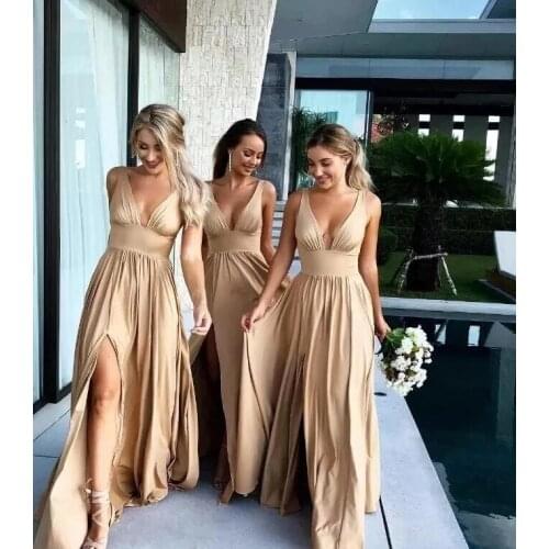 Angelsbridep Deep V-Neck Bridesmaid Dresses Long Sexy Side Split Floor-Length Formal Vestido Da Dama De Honra Formal Party Gowns