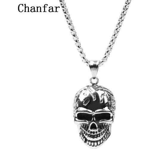Chanfar Gothic Skull Head Pendant Necklace Mens Stainless Steel Charm Long Necklace For Hallowee Gift