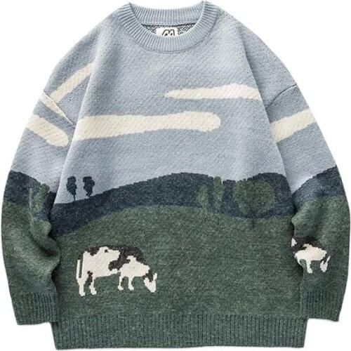CW Youth Men Cows Vintage Winter Sweaters 2021 Pullover Mens O-Neck Korean Fashions Women Casual Harajuku Clothes Size M-XL