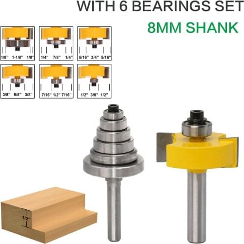 Rabbet Router Bit with 6 Bearings Set -1/2"H - 8" Shank Woodworking cutter Tenon Cutter for Woodworking Tools