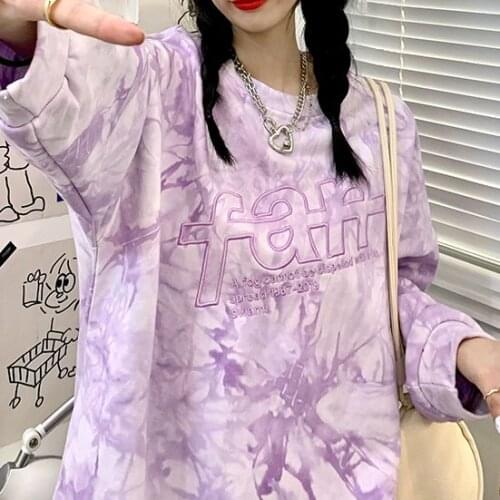 Tie Dye Cartoon Print Shirts Woman Spring Auttum Cute Letter Long Sleeve Oversize Harajuku Casual Loose T-shirt Tee Top y2k