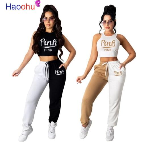 HAOOHU PINK Sets Women Sleeveless O-neck Short Vest Mid Drawstring Waist Patchwork Full Length Pants 2 Piece Set Casual Outfits
