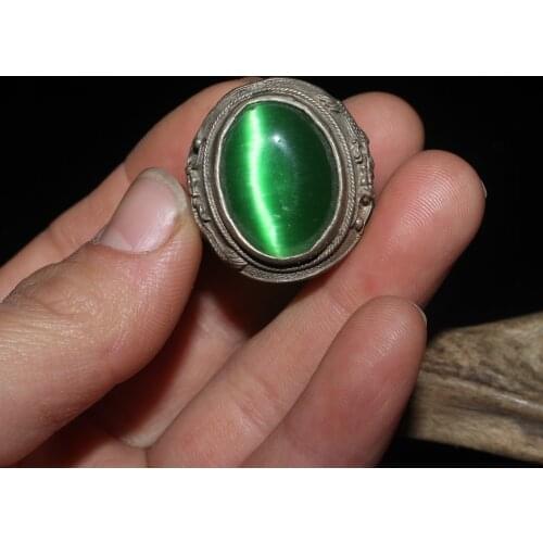 Chinese old silver ring opal inlaid silver oval ring mens Silver Ring