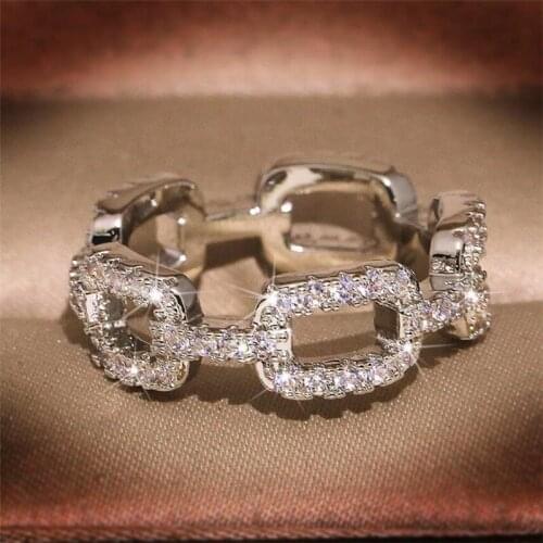 Classical Fashion Jewelry Ins Hot Sale 925 Sterling Silver Pave White Sapphire CZ Diamond Chain Women Wedding Band Finger Ring