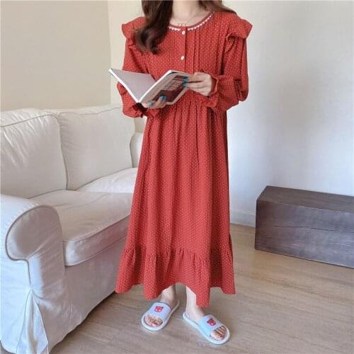Polka Dot Print Nightdress Women Cotton Nightgowns Homewear Sleep Dress Ruffles Long Sleeve Loose Soft Korean Sleepwear A073