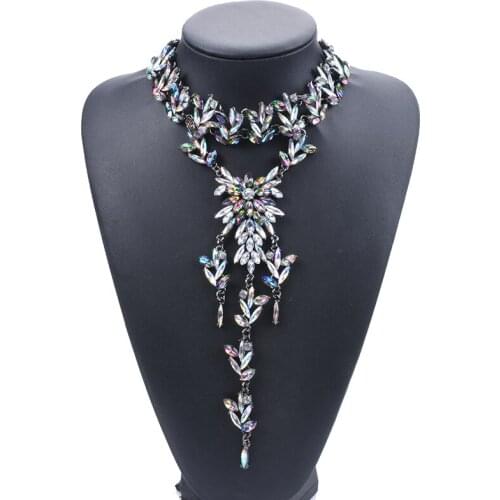 Multicolor Luxury Bridal Maxi Rhinestone Pendant Necklace For Women Big Glass Flower Crystal Wide Collar Choker Wedding Jewelry