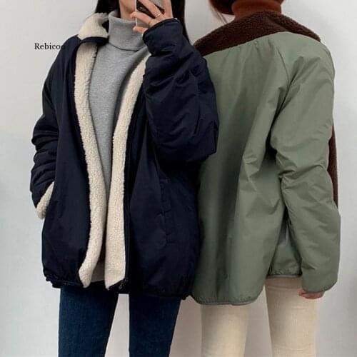 Lambswool Women Coat Korean Style Zipper Pocket Winter Warm Overcoat Female Thick Long Sleeve Patchwork Jacket Outerwear