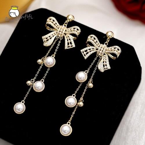 Luxury Vintage Retro Baroque Big Bow Pearl Earrings 925 Sterling Silver Zircon Earrings Long Tassel Drop Earrings Dangle Earring