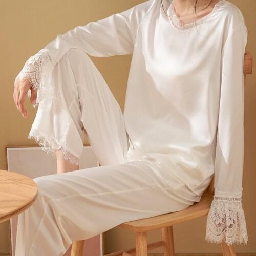 Spring Ladies Pajamas Long Sleeve Ice Silk Loungewear Lace Sweet Loungewear Trousers 2-piece Suit White Comfortable Home Clothes