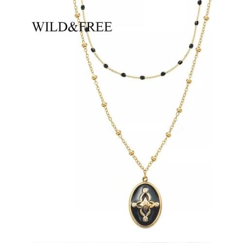 Wild&Free Black Enamel Beaded Chain Necklace For Women Stainless Steel Layered Gold Chain Oval Pendant Necklaces Boho Jewelry