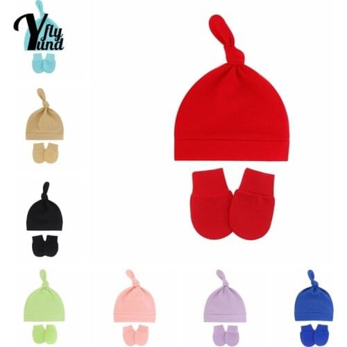 Yundfly Soft Comfortable Knitted Cotton Hat and Glove Set Solid Color Knotted Infant Caps Toddler Anti-Grab Face Protect Mitten