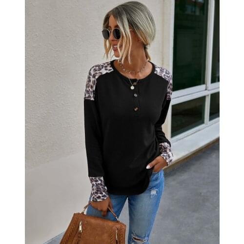 Women Long Sleeve O-Neck T-Shirt Leopard Print Contract Color Sweatshirt Casual Fashion Female Tops