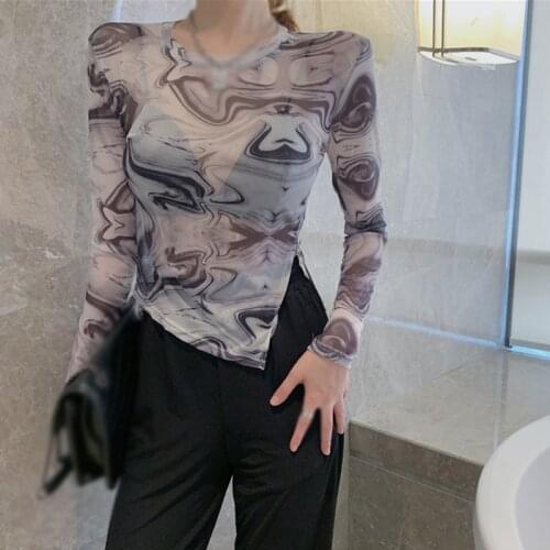 Korean Style Female Round Neck Tie-dyed Tee Ground Asymmetrical Mesh Sun Sunscreen Long-sleeved T-shirt