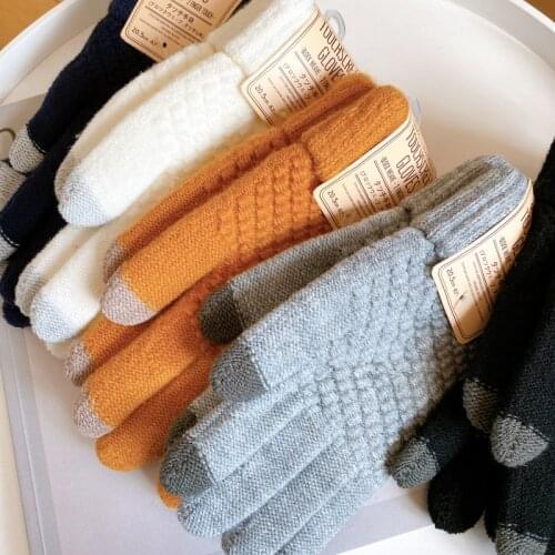 Womens Cashmere Wool Knitted Gloves Winter Warm Thick Touchscreen Gloves Mittens for Mobile Phone Tablet Pad Solid Color