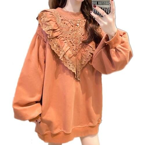 2021 Autumn Women Oversized Sweatshirt Hollow Out Ruffle Lace Stitching O Neck Puff Sleeves Hoodies Casual Pullover Streetwear