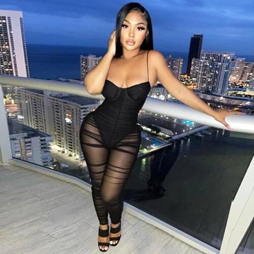 SUJYing New Fashion Sexy Close-fitting Backless Mesh Perspective Suspender Jumpsuit Women