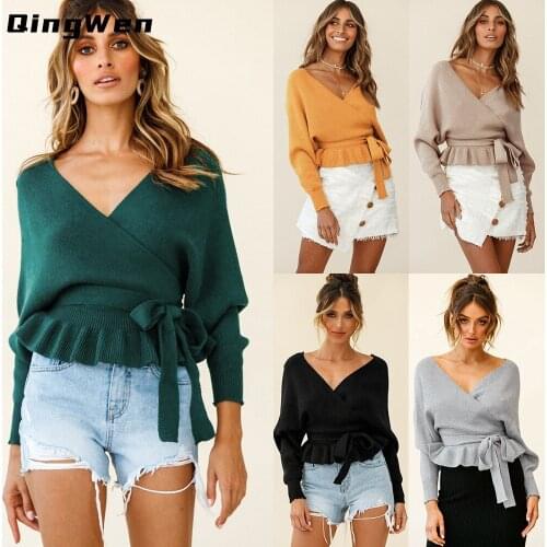 QingWen Women Autumn New Casual Short Sexy V-neck Long-Sleeved Knitted Top Solid Color Oversize Loose Sweater Jacket pull femme